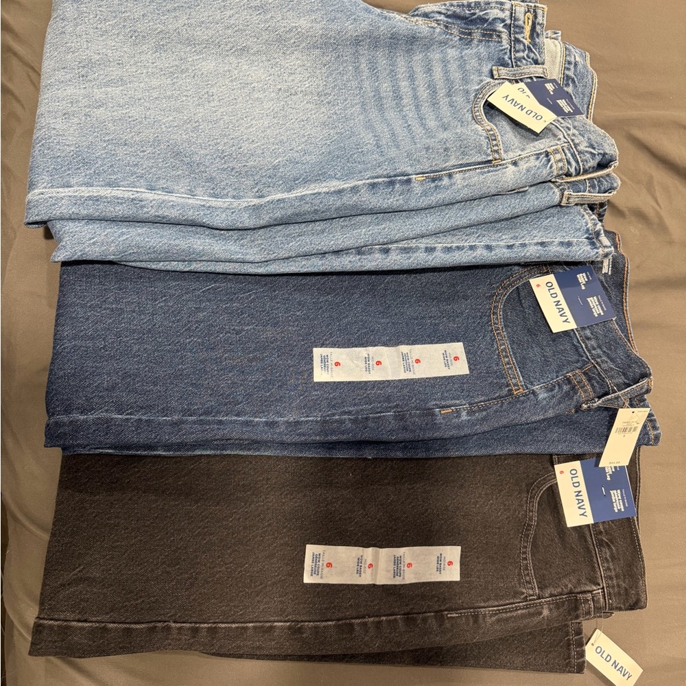 Old Navy Three-Pack Wow Baggy Jeans in Light Blue, Dark Blue, and Black